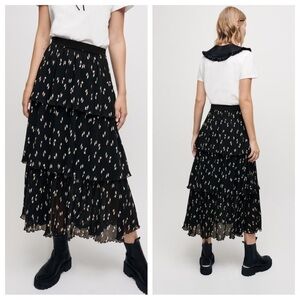 New! Maje pleated tiered bow print black midi skirt ruffles black 26371